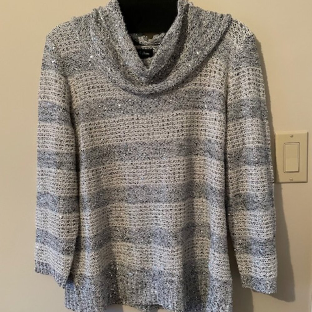 Nue Options White/Grey wTiny Sparkling Silver Discs Sweater Cowl Collar Sz XL